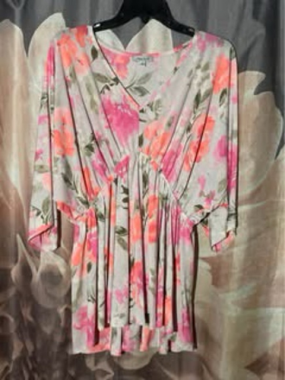 white birch Cream Floral Peplum Blouse with Pink & Coral Blossoms XL